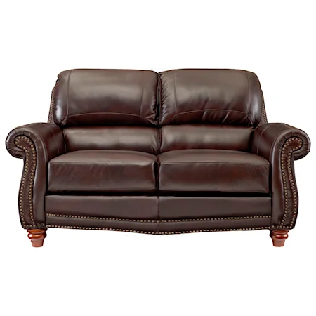 Traditional Leather Loveseat with Rolled Arms and Nailhead Trim